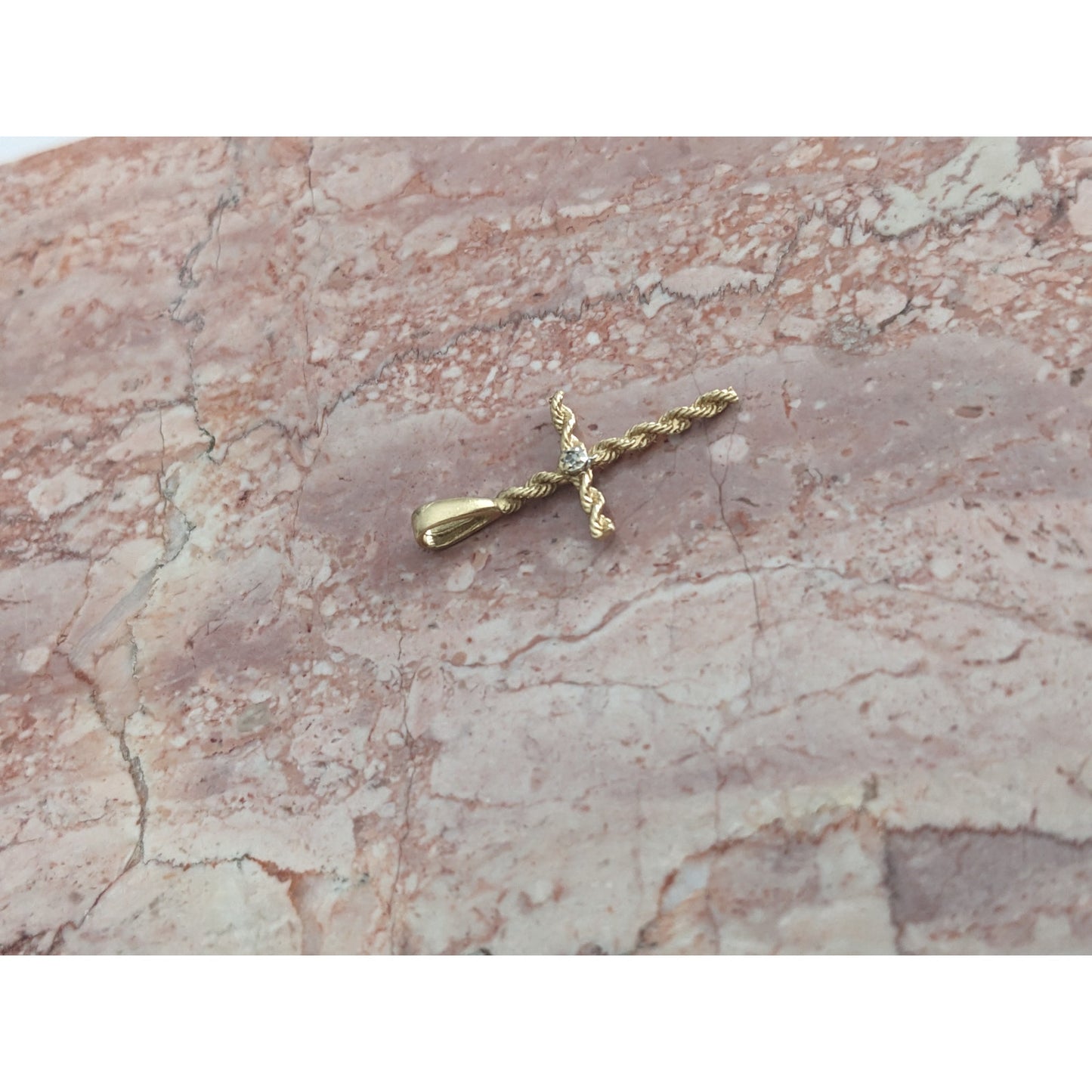 Vintage 14k Yellow Gold Twisted Rope Cross Pendant with Diamond Accent Stone