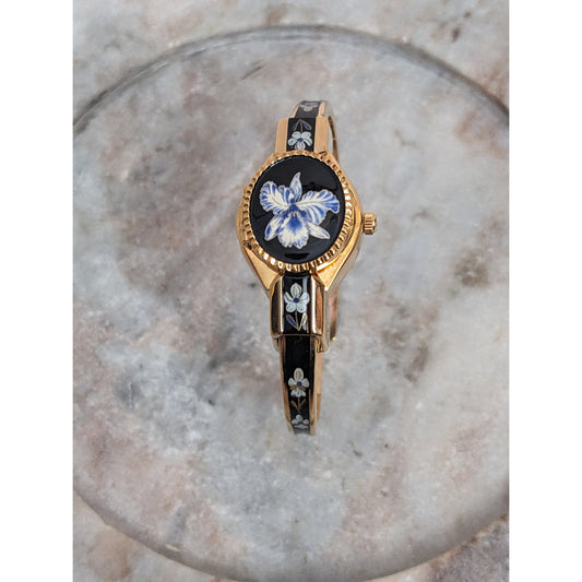 Vintage Andre Mouche Gold Tone Peekaboo Watch Blue and White Floral Enamel Black