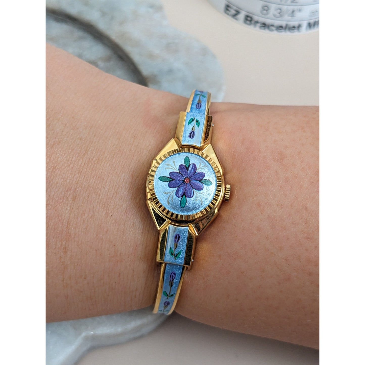 Vintage Andre Mouche Silver Tone Bangle Watch with Blue Floral Enamel Working