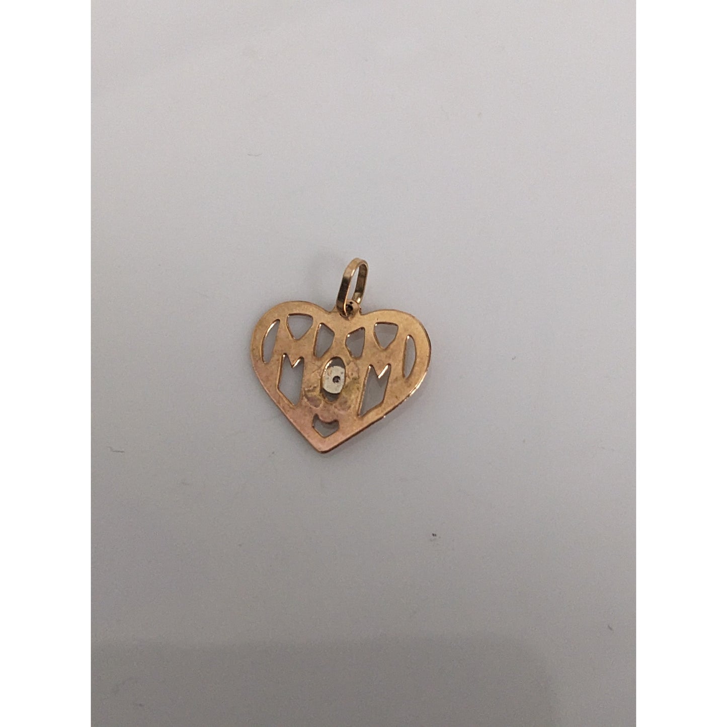 Vintage 14k Yellow Gold Flat Dainty "MOM" Heart Pendant with Super Tiny Gem