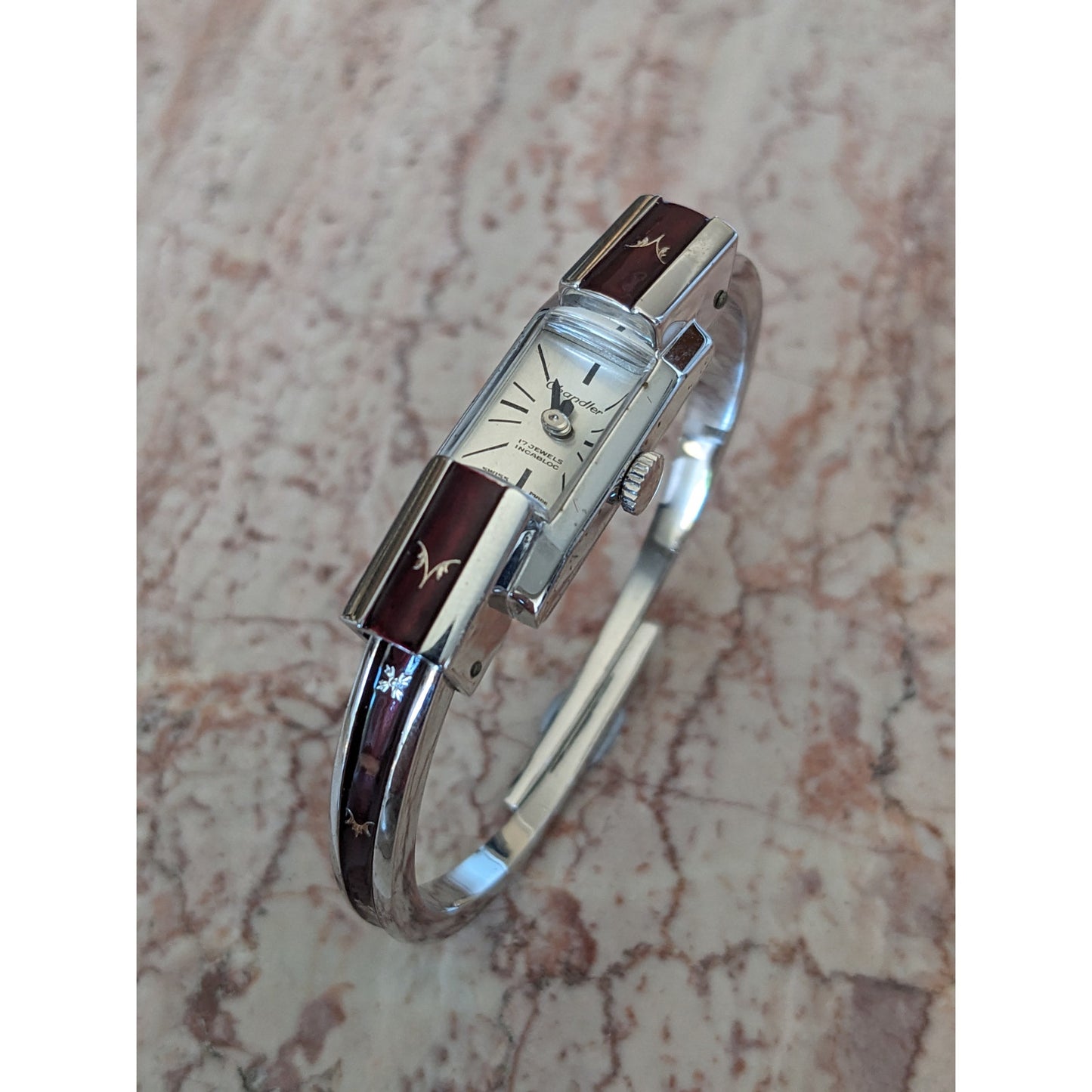 Vintage Chandler Manual Silver Tone Bangle Watch Red Enamel Botanical Shqapes