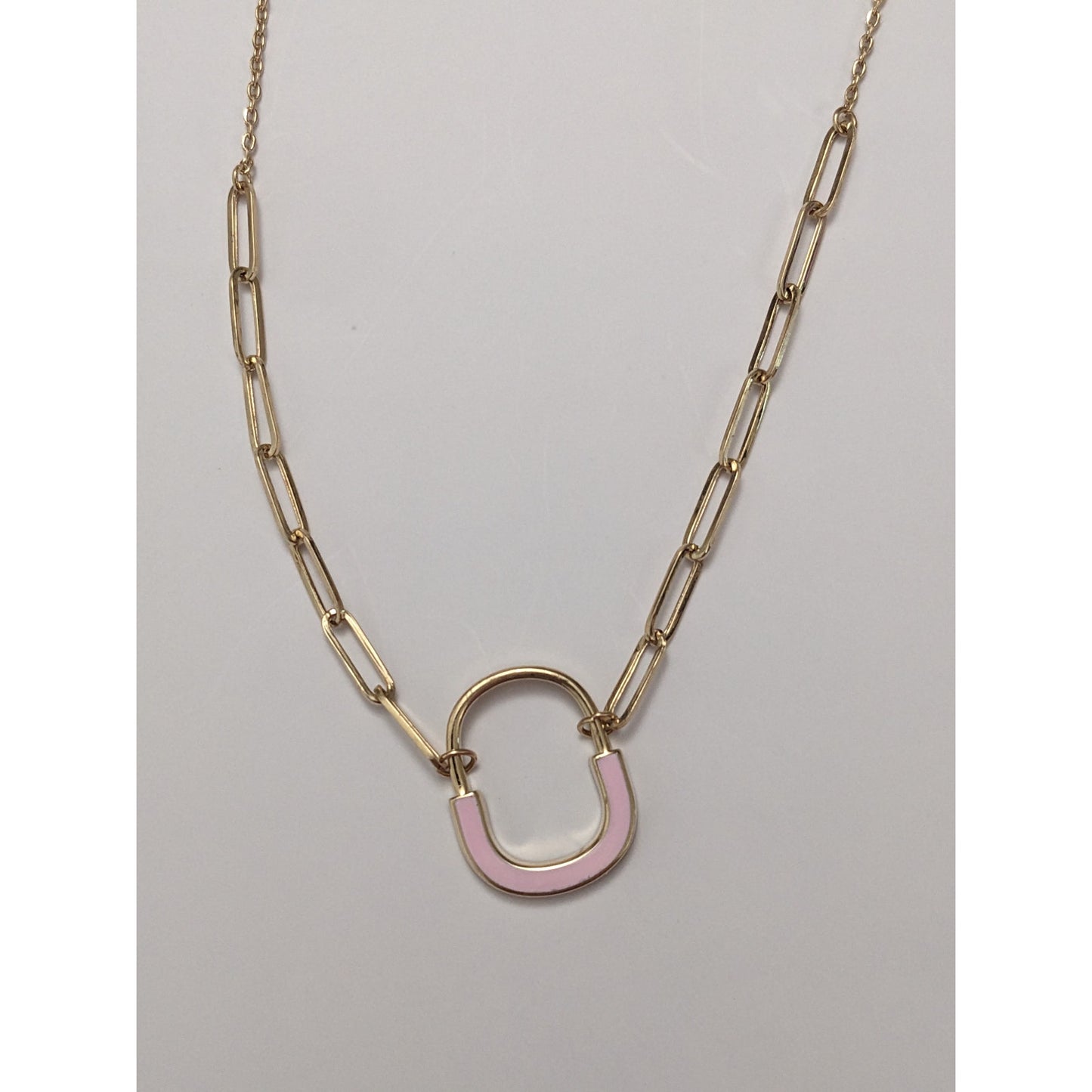 Preowned 14k Yellow Gold Paper Clip Chain Necklace Pink Enamel Pendant 18in