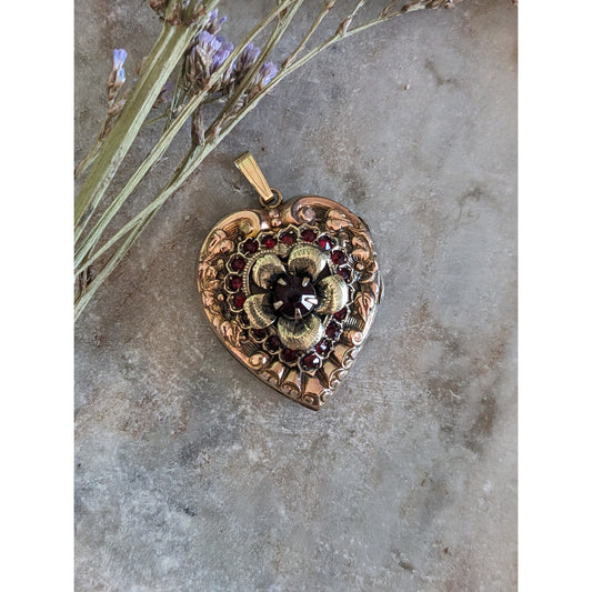 Vintage Unmarked 10k Yellow Gold Heart Locket with Flower and Red Stones