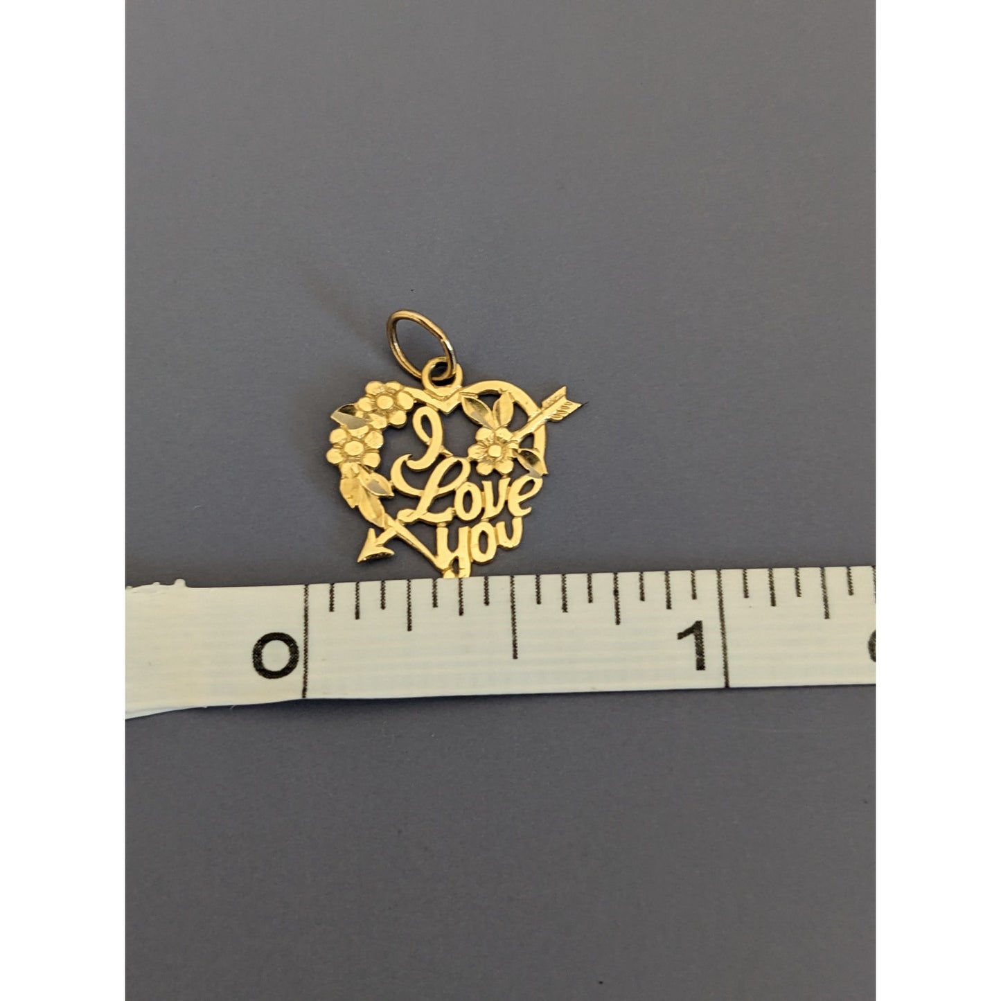 Estate 14k Yellow Gold "I Love You" Heart Pendant Charm with Arrow & Flowers