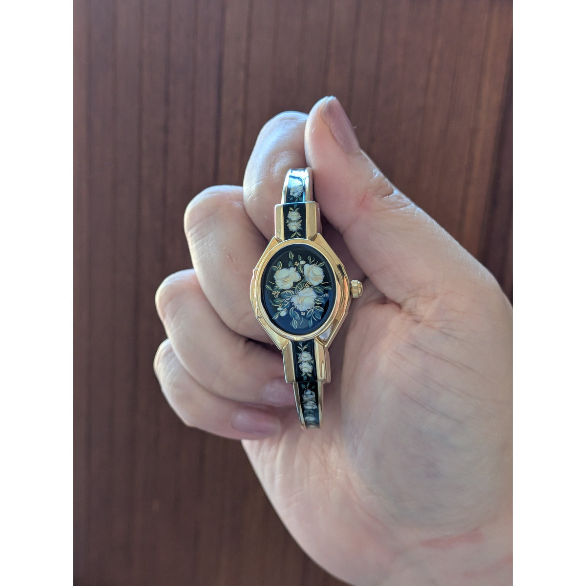 Preowned Andre Mouche 2000s Gold Tone Peekaboo Watch Black Enamel White Flowers