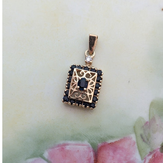 Vintage 14k Yellow Gold with Sapphire Stones and Filigree Design Pendant