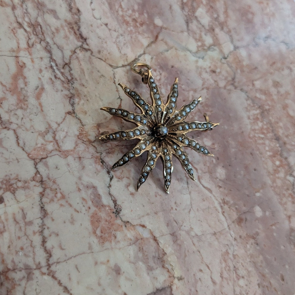 Vintage 10k Gold Starburst Sun with Seed Pearls Brooch / Pendant