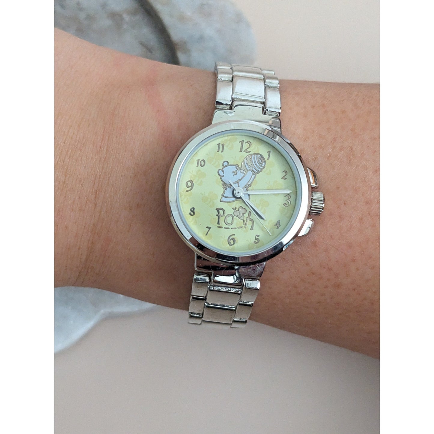 Vintage Andre Mouche Silver Tone Bangle Watch with Blue Floral Enamel Working