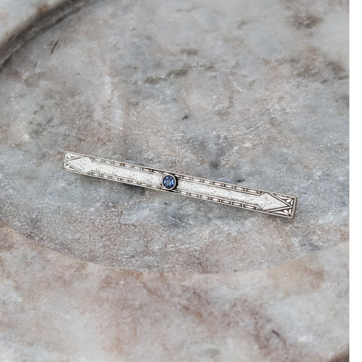Vintage 14k White & Yellow Gold Bar Brooch with Blue Sapphire
