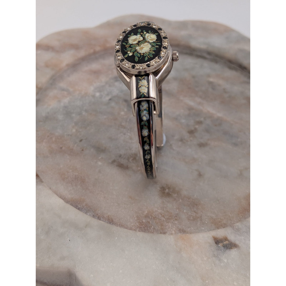 Andre Mouche Silver Tone Bangle Peekaboo Watch Black Enamel White Roses & Stones