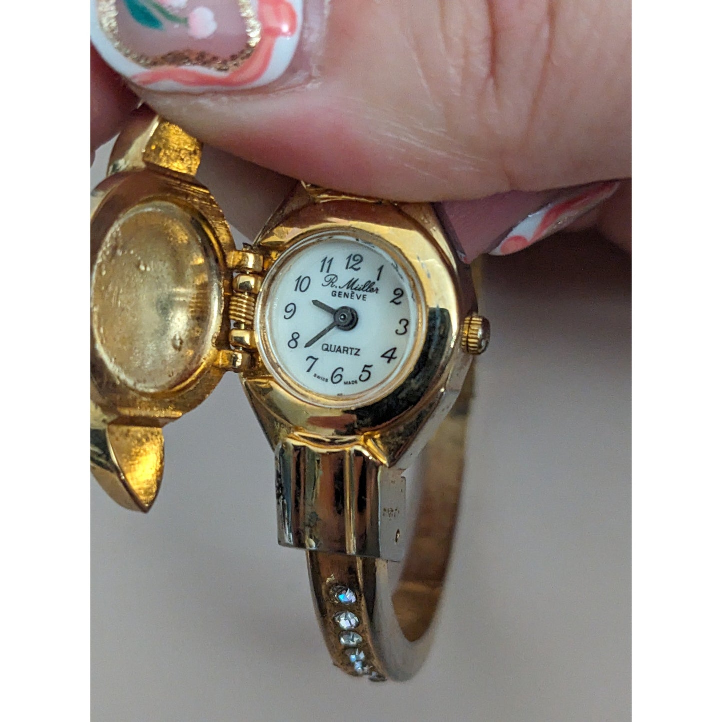 Vintage Andre Mouche Silver Tone Bangle Watch with Blue Floral Enamel Working