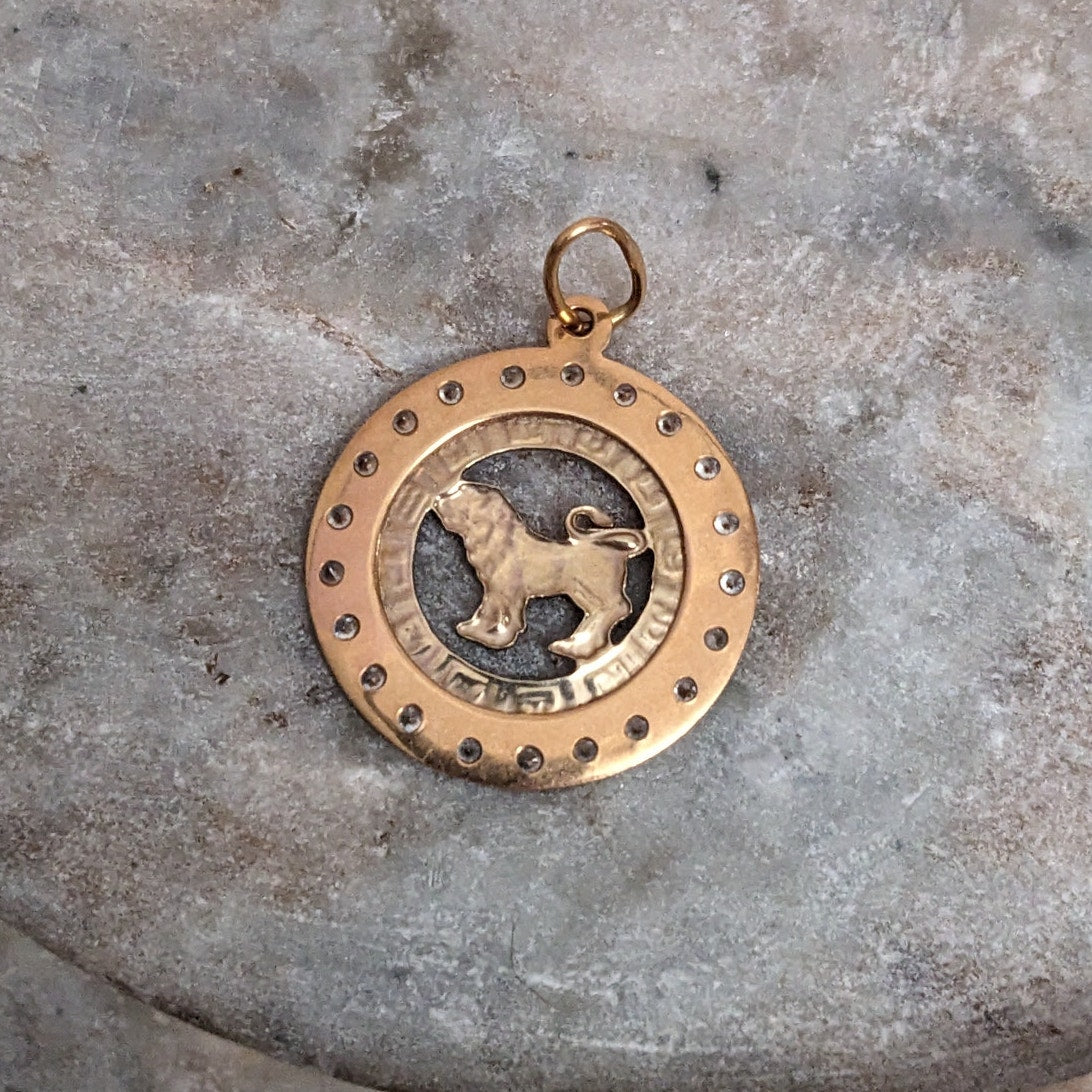 Vintage 14k Rose and Yellow Gold Leo Zodiac Charm Pendant White Stone Accents
