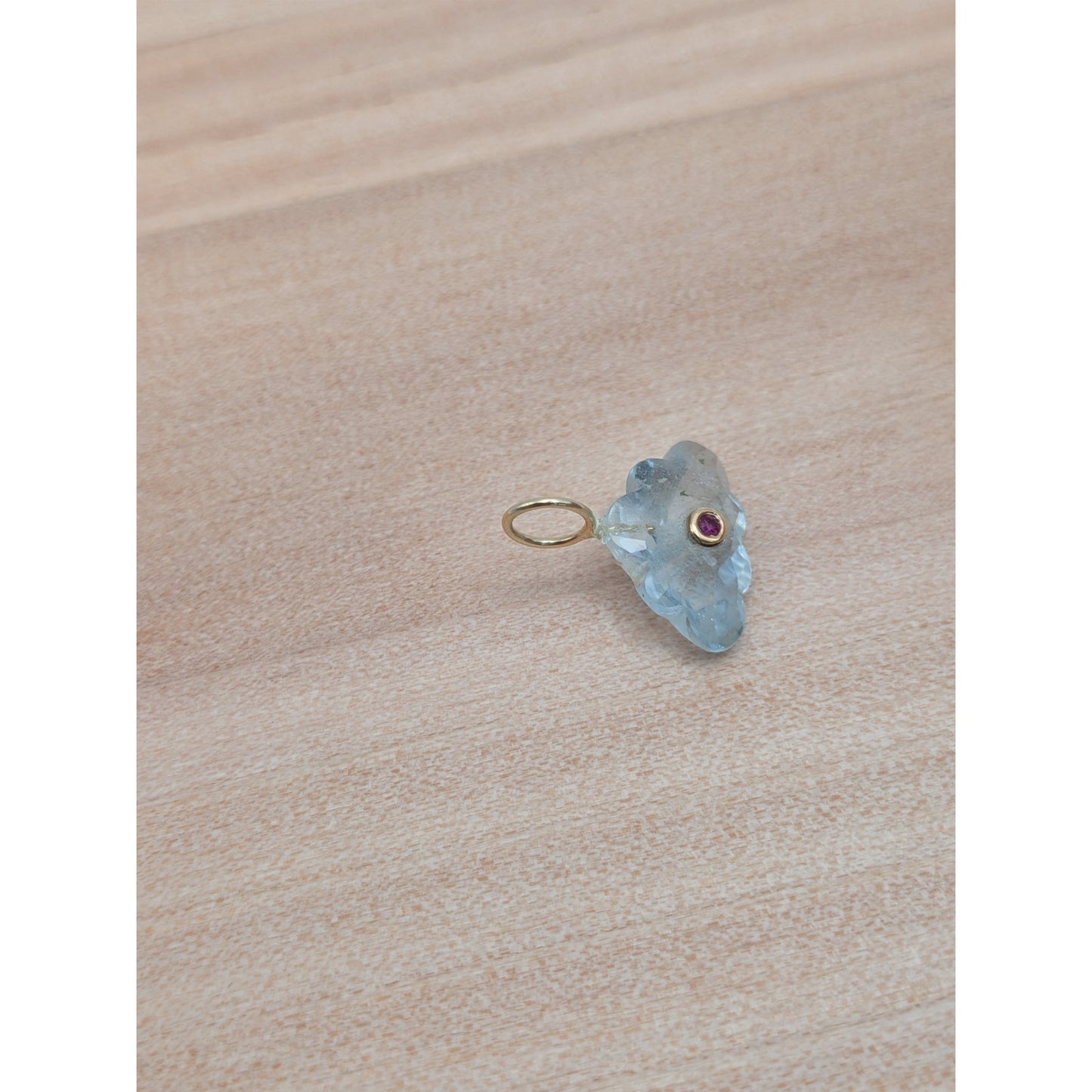 14K Gold Blue Topaz Cloud Pendant Natural Ruby Inlay Carved Gemstone