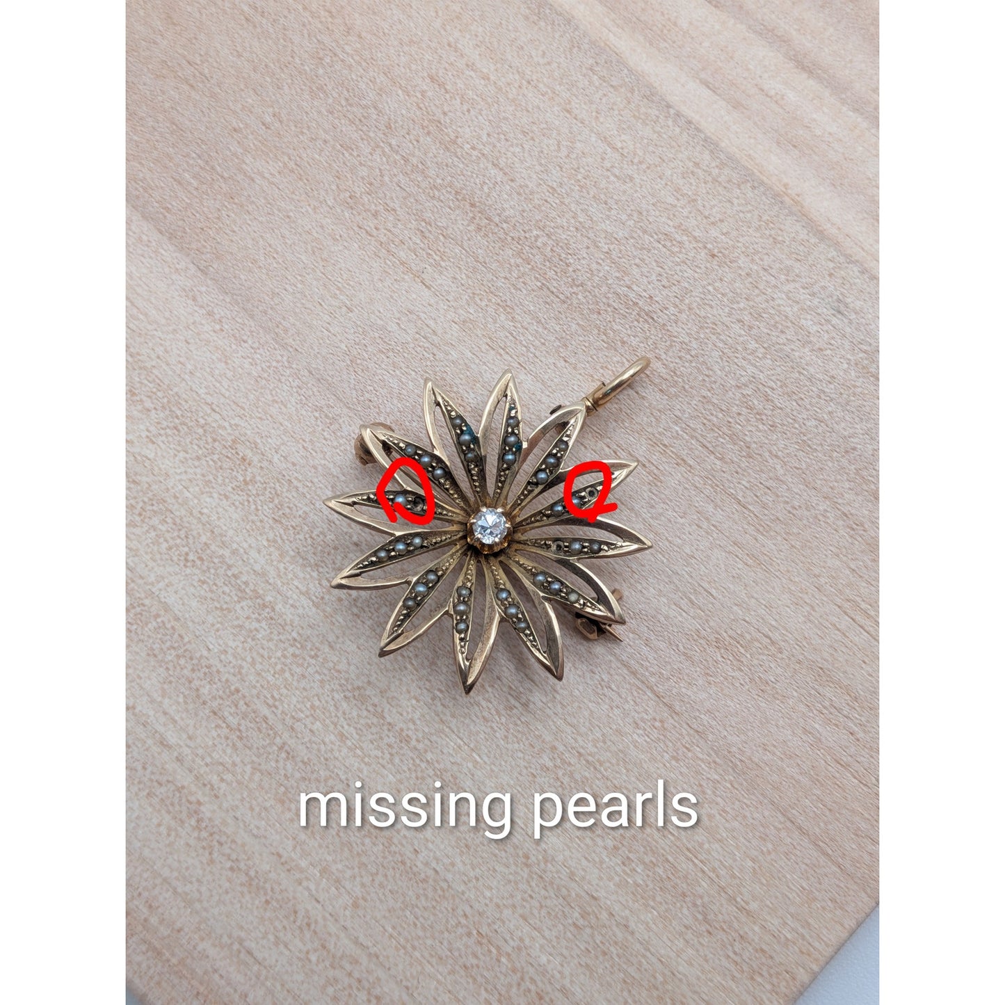 FLAW Vintage 10k Yellow Gold Seed Pearl Diamond Star Brooch Pendant