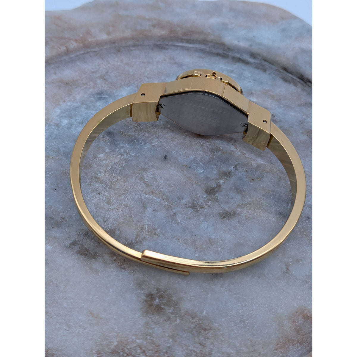 Preowned Andre Mouche Gold Tone Peekaboo Watch Pink Enamel Purple Flowers