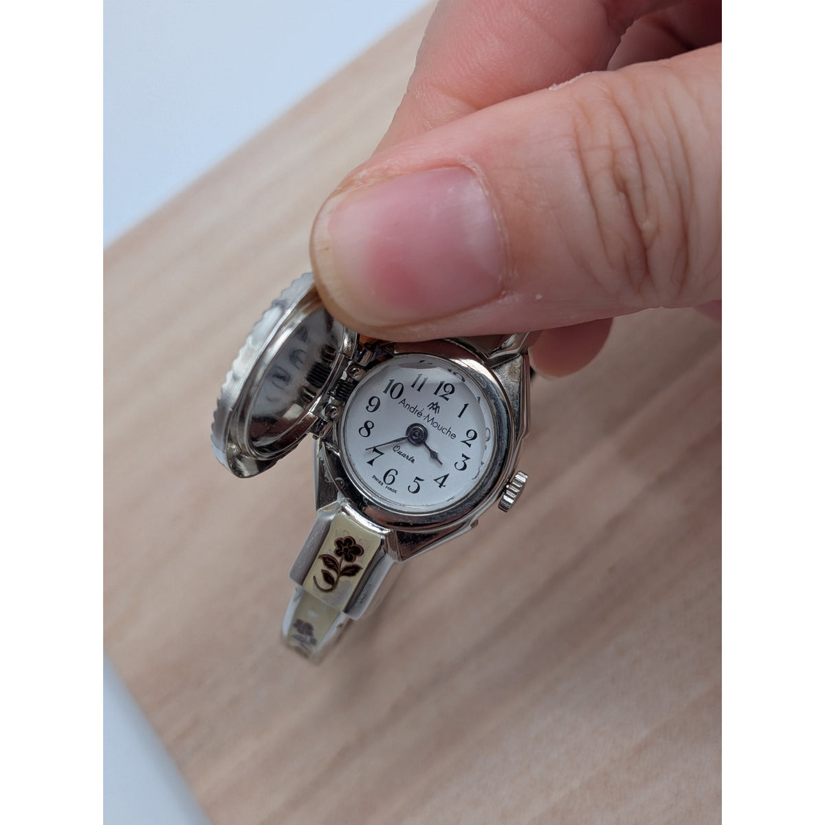 Vintage Andre Mouche Silver Tone Peekaboo Watch Cream Enamel Red Flowers w/ Box