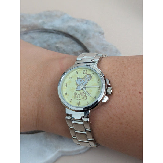 Vintage Andre Mouche Silver Tone Bangle Watch with Blue Floral Enamel Working