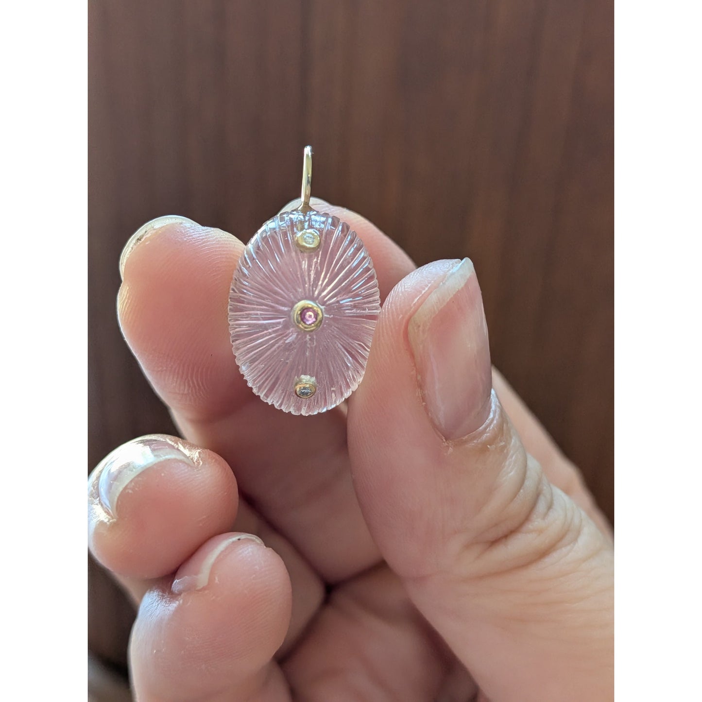 14K Gold Carved Fluted Rose Quartz Pendant w/ Natural Ruby & Diamond Accents