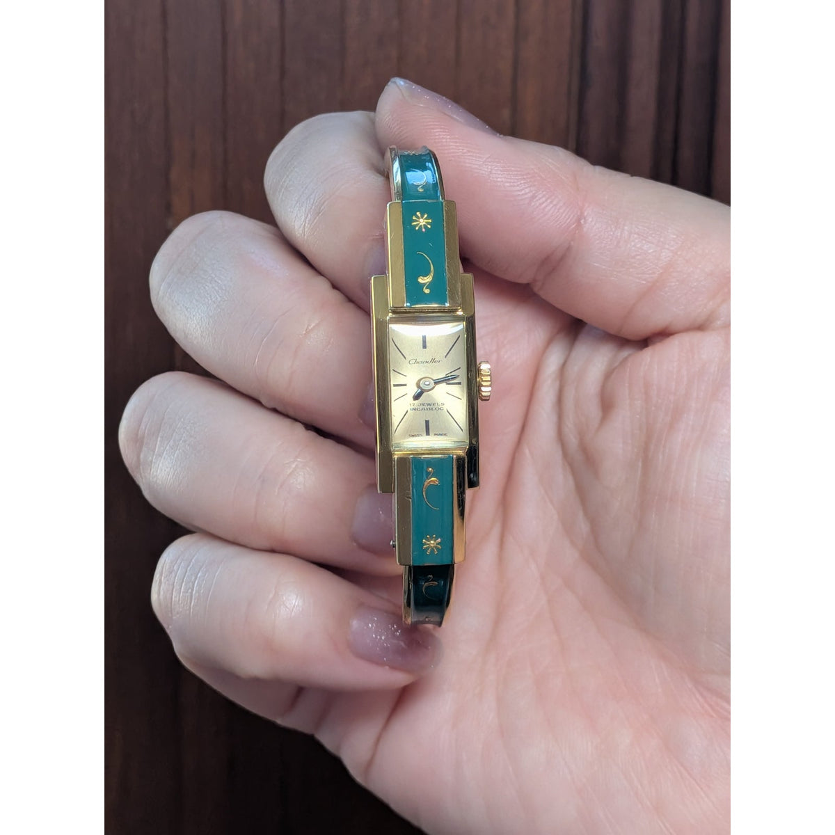 Vintage Chandler MANUAL Gold Tone Bangle Watch Green Enamel & Gold Floral Accent