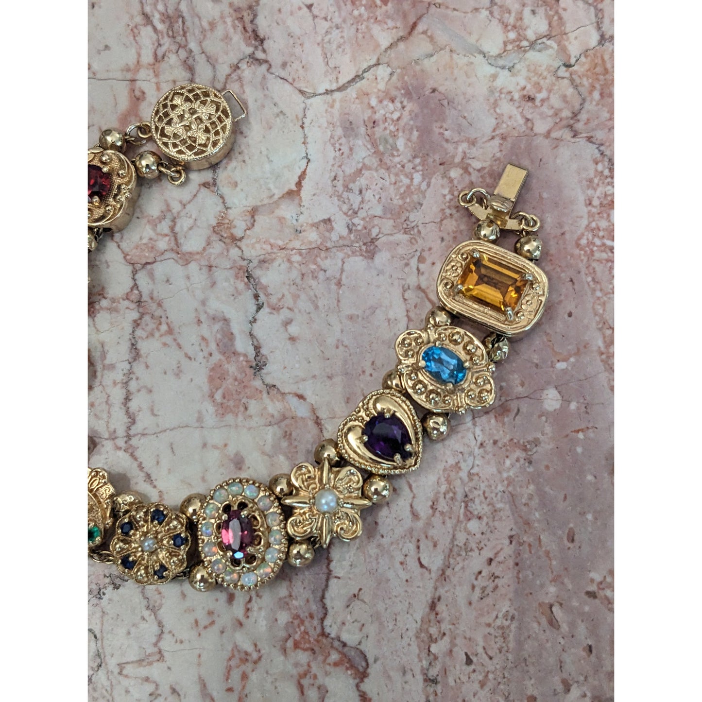 FLAW Vintage 14k Solid Gold Multi-Gemstone Slide Estate Bracelet