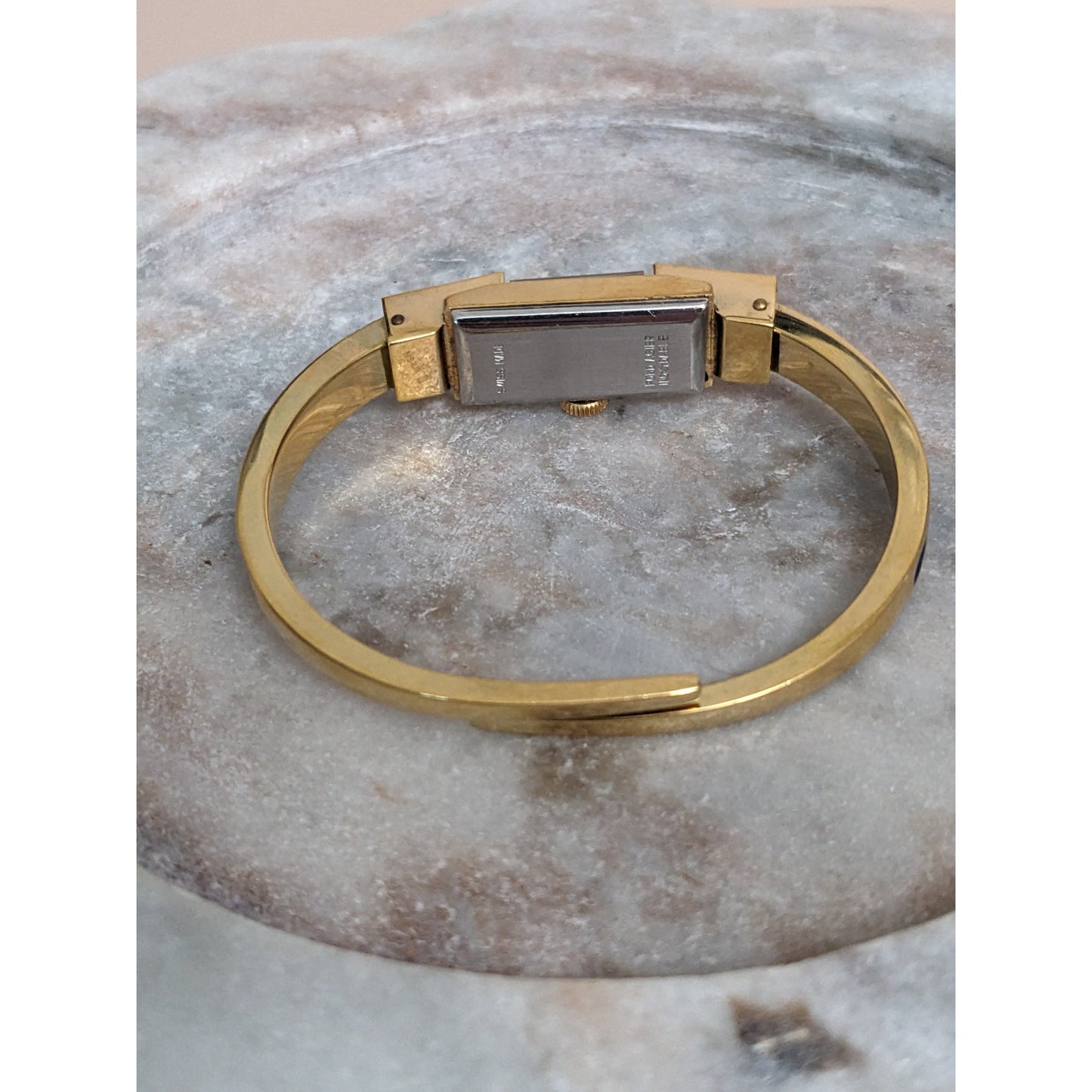 Vintage Andre Mouche Silver Tone Bangle Watch with Blue Floral Enamel Working