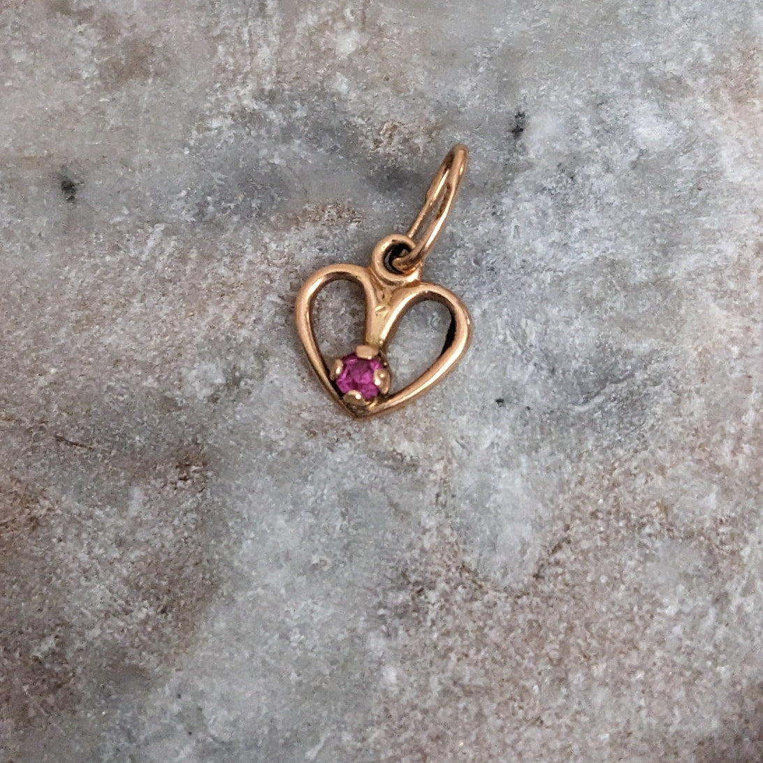 Vintage 14k Rose Gold Ultra Tiny Dainty Heart with Lab Ruby Charm
