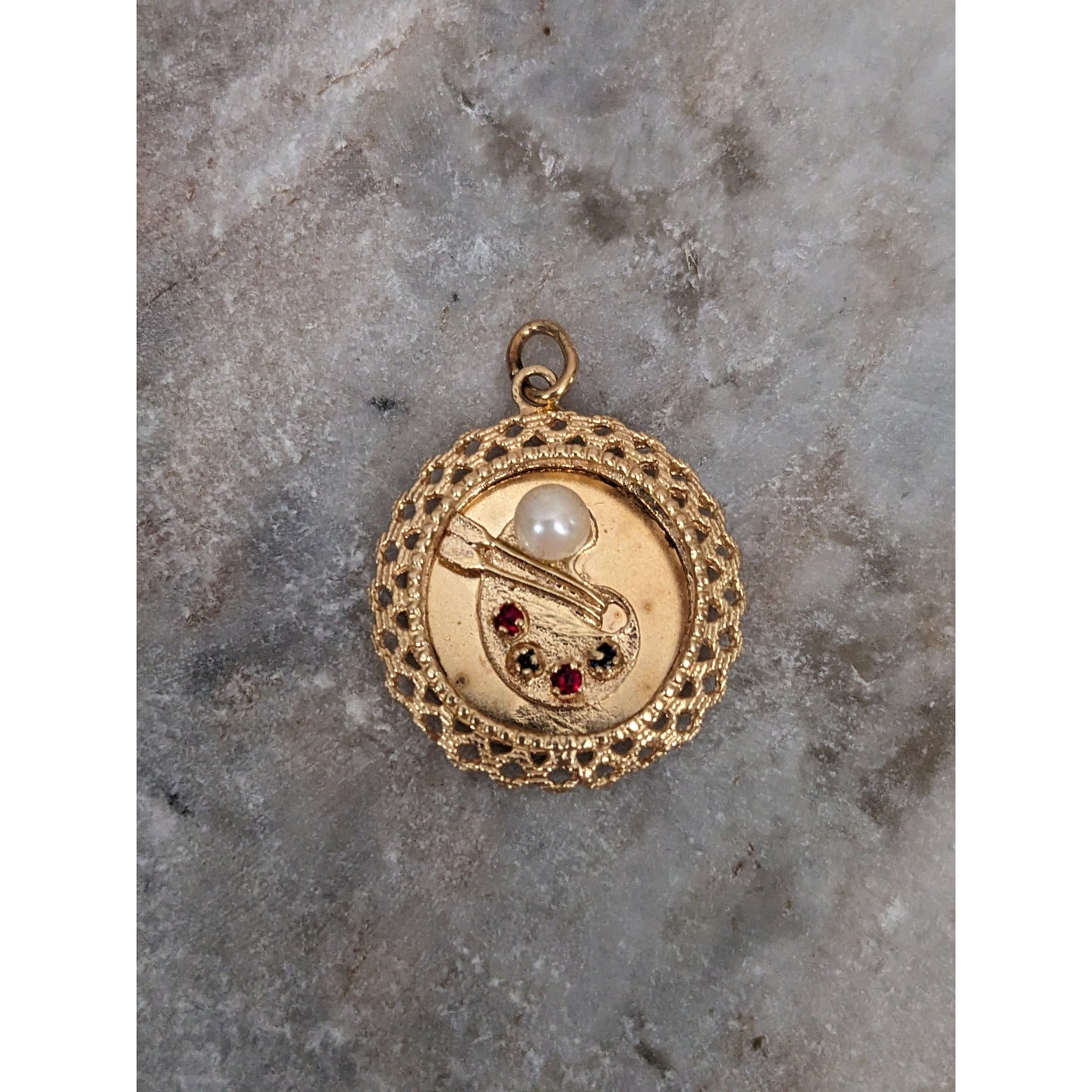 Vintage 14k Yellow Gold Art Paint Pallet Charm with Gems Pendant