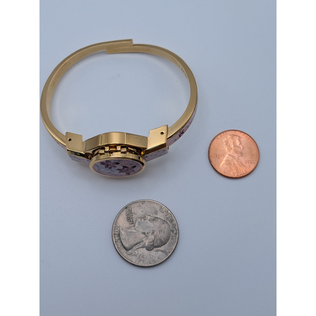 Preowned Andre Mouche Gold Tone Peekaboo Watch Pink Enamel Purple Flowers