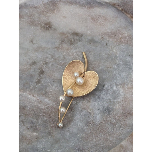 Vintage 14k Yellow Gold heart Leaf with Faux Pearls Brooch