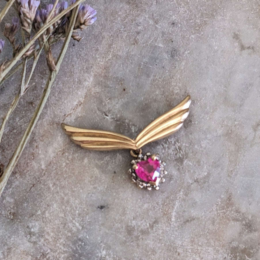 Vintage 10k Yellow Gold Heart Gem with Wings Pendant