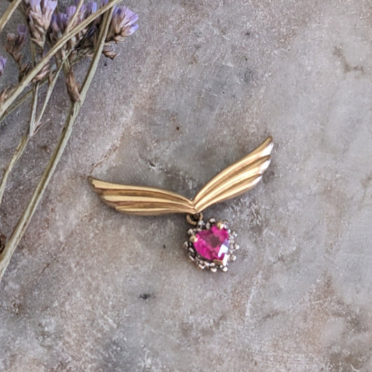 Vintage 10k Yellow Gold Heart Gem with Wings Pendant