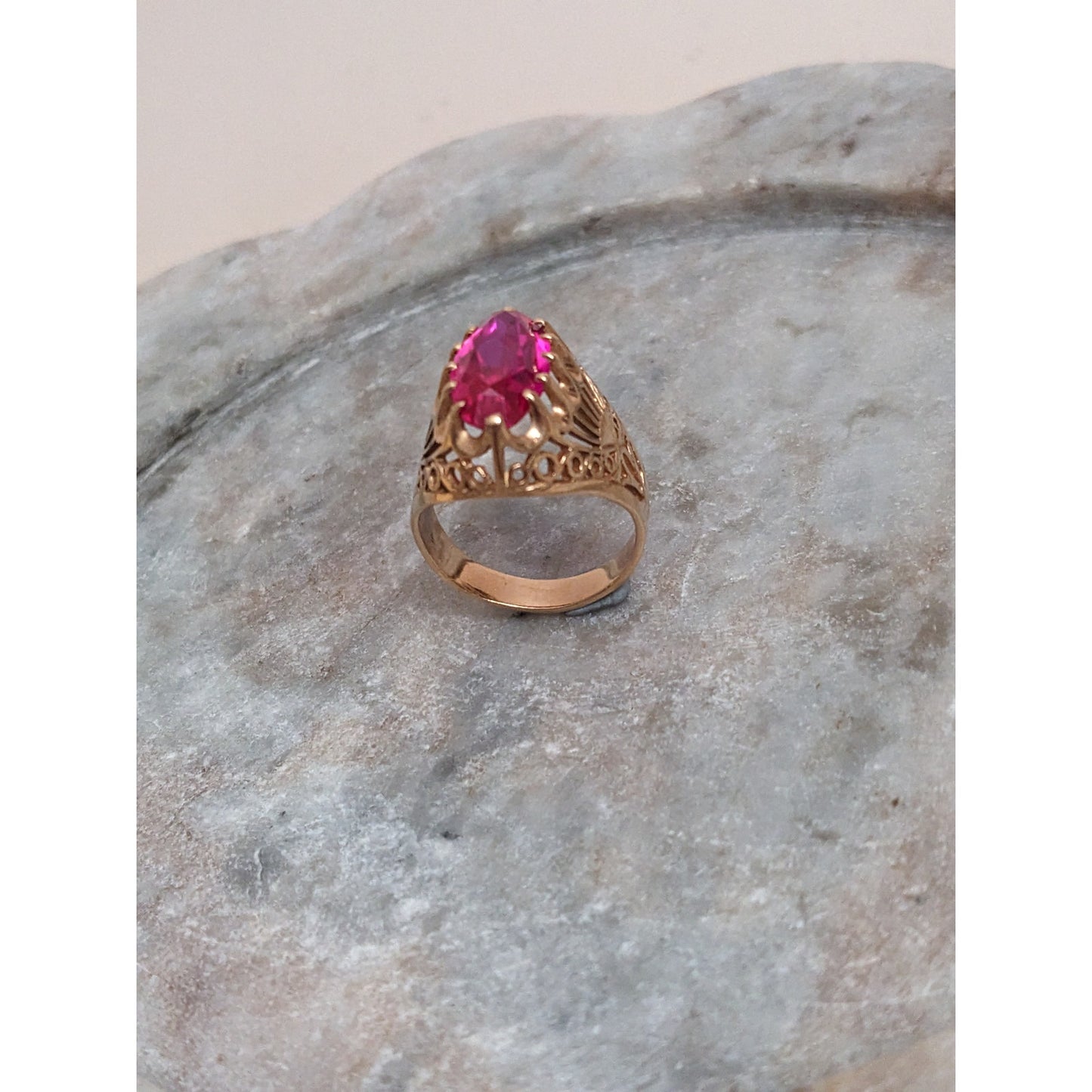 Vintage USSR 585 (14k) Rose Gold Lab Created Ruby Ring Size 8