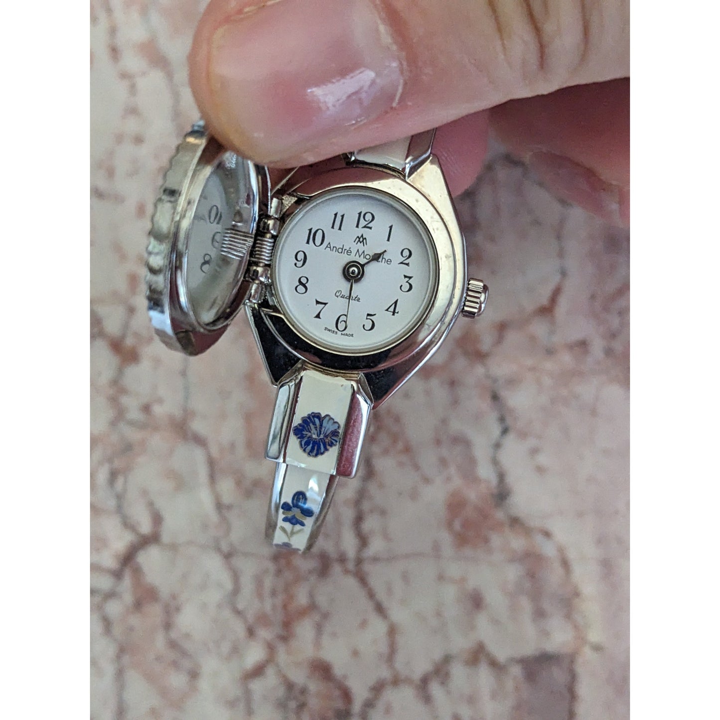 Vintage Andre Mouche Silver Tone Bangle Watch White Enamel Blue Flowers