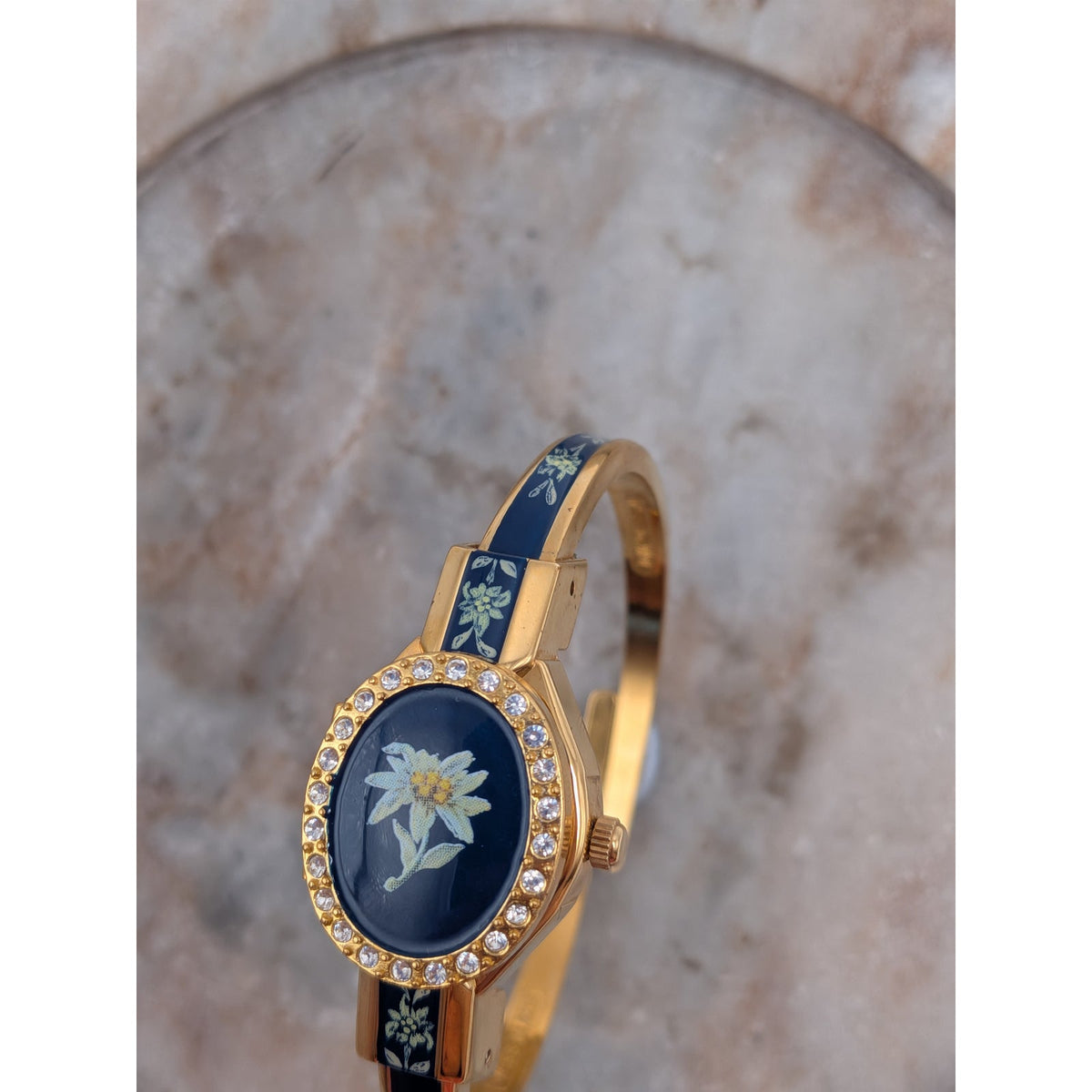 FLAW Vintage Andre Mouche Gold Tone Peekaboo Watch Blue Enamel and Flower Accent