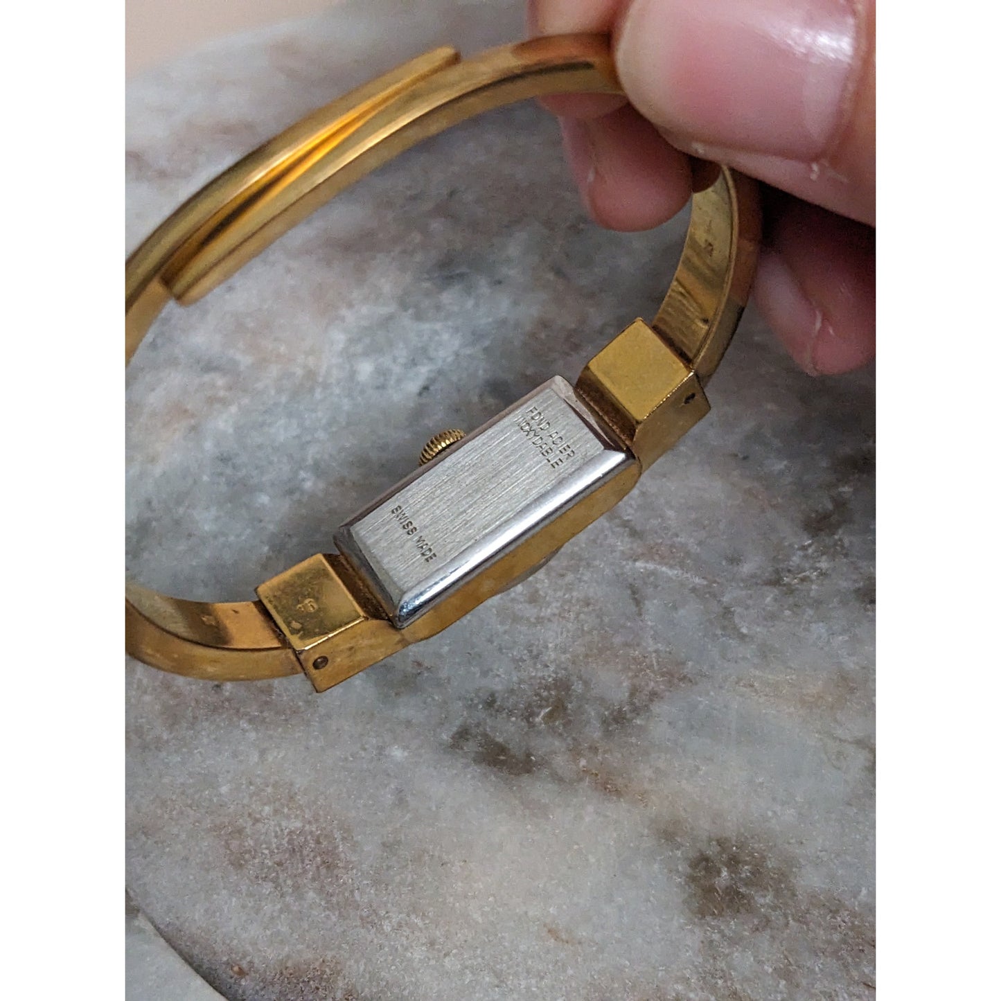 Vintage Andre Mouche Silver Tone Bangle Watch with Blue Floral Enamel Working