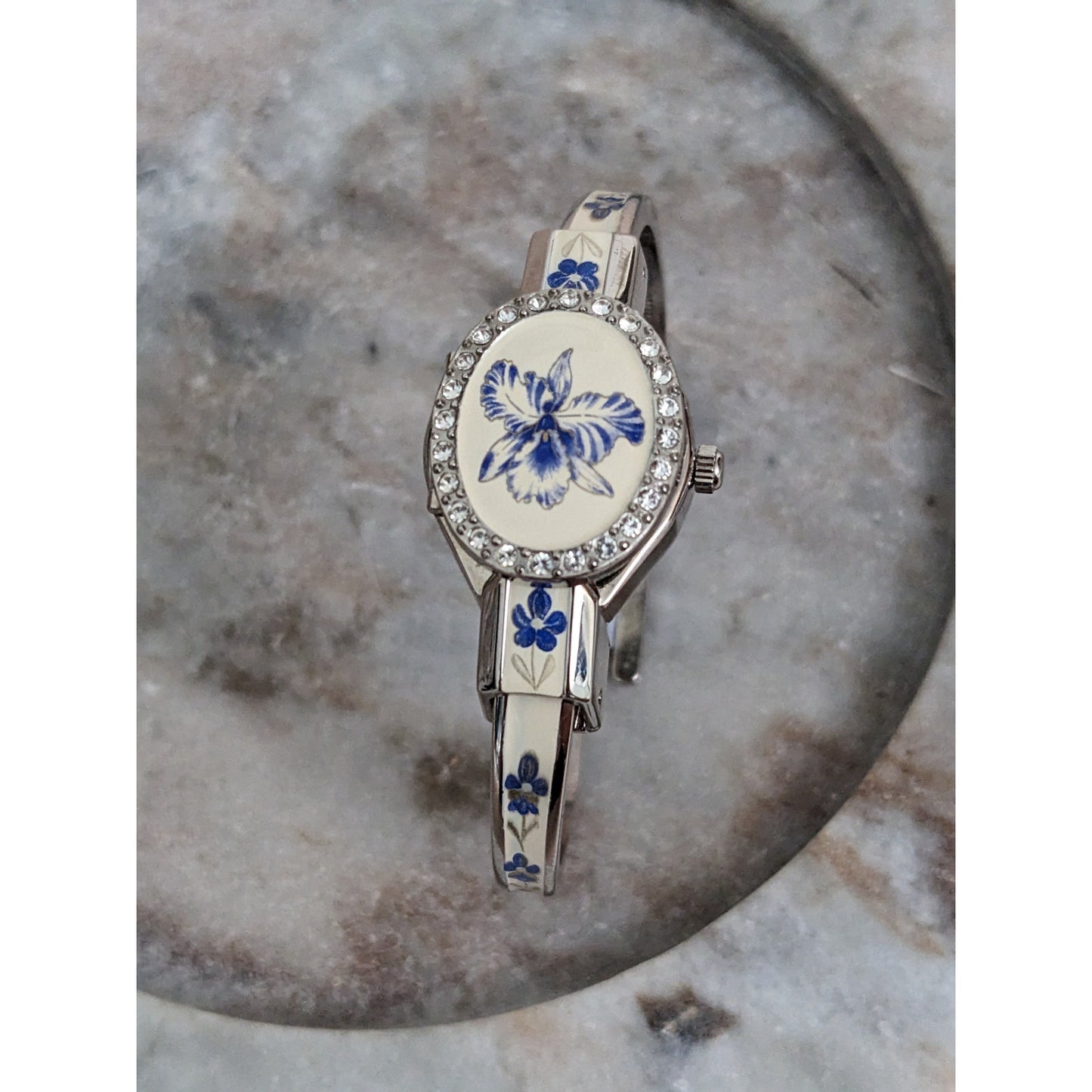 Andre Mouche Silver Tone Peek a Boo Watch Blue Floral Enamel White Gems Working