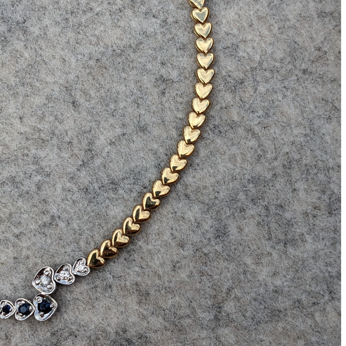 Vintage 14k Yellow Gold Heart Bracelet with Diamonds & Sapphires 7in