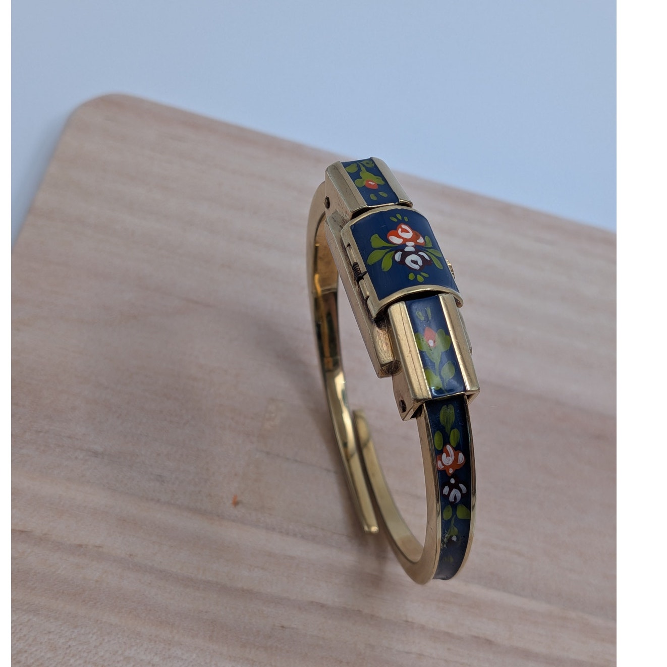 Vintage Ritma Gold Tone Peekaboo Manual Watch Blue Enamel Flowers