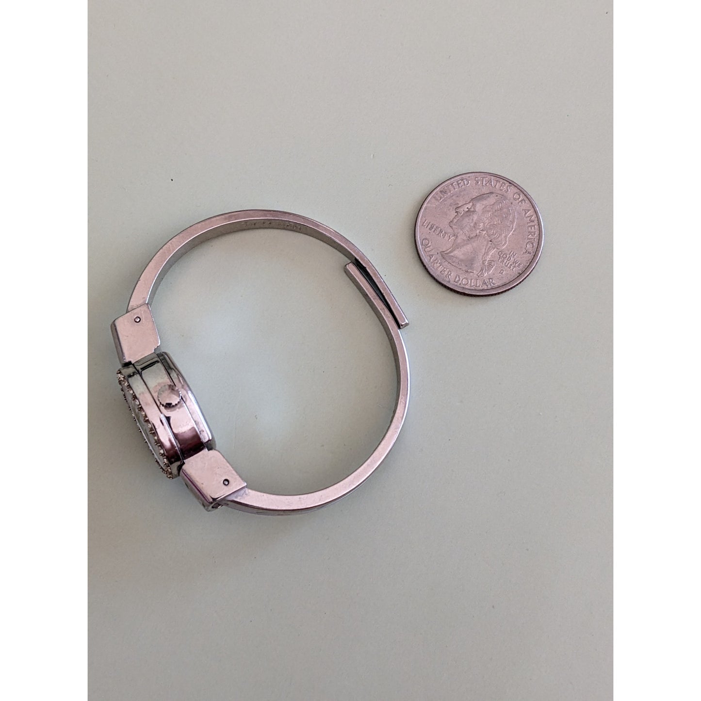 Vintage Andre Mouche Silver Tone Bangle Peekaboo Watch, Silver Enamel