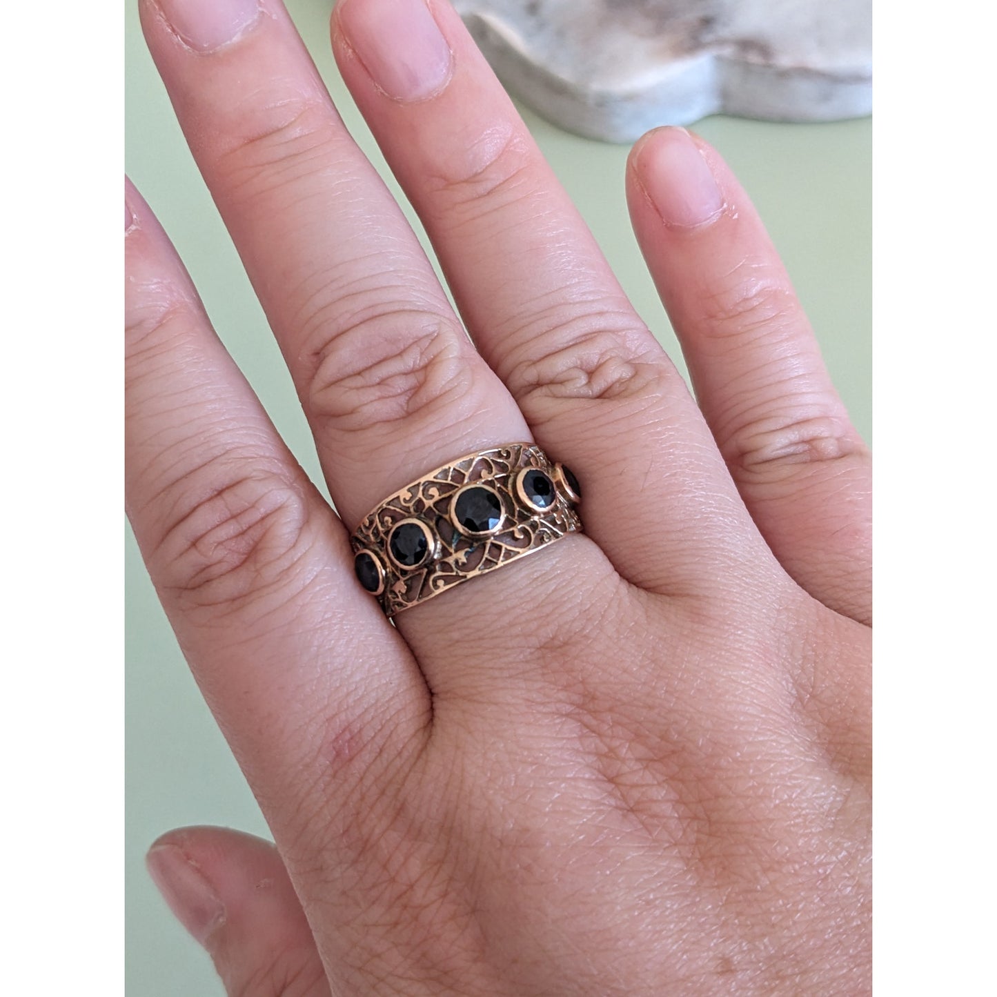 Vintage 14k Yellow Gold Filligree with 5 Sapphires Ring Size 9