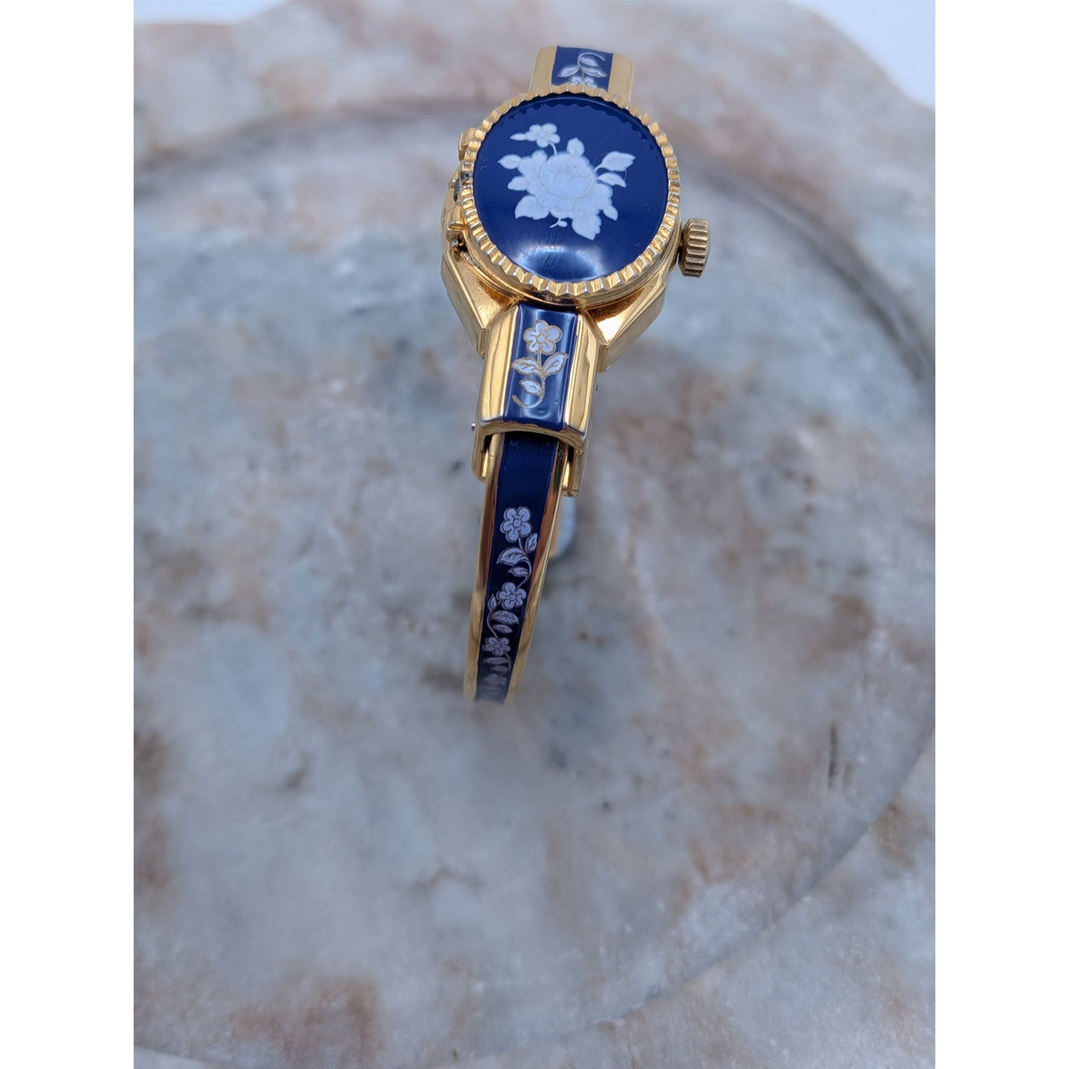 Vintage Andre Mouche Gold Tone Peekaboo Watch Dark Blue Enamel White Flowers