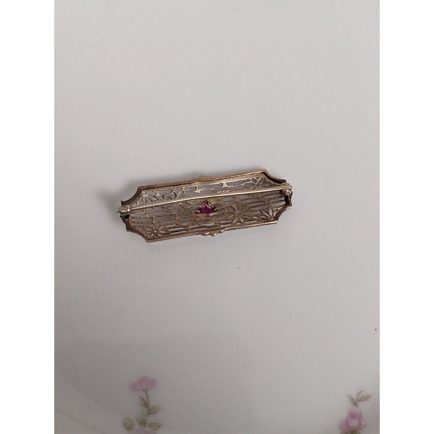 Art Deco 10k White Gold Pink Gem with Floral Filigree Design Brooch