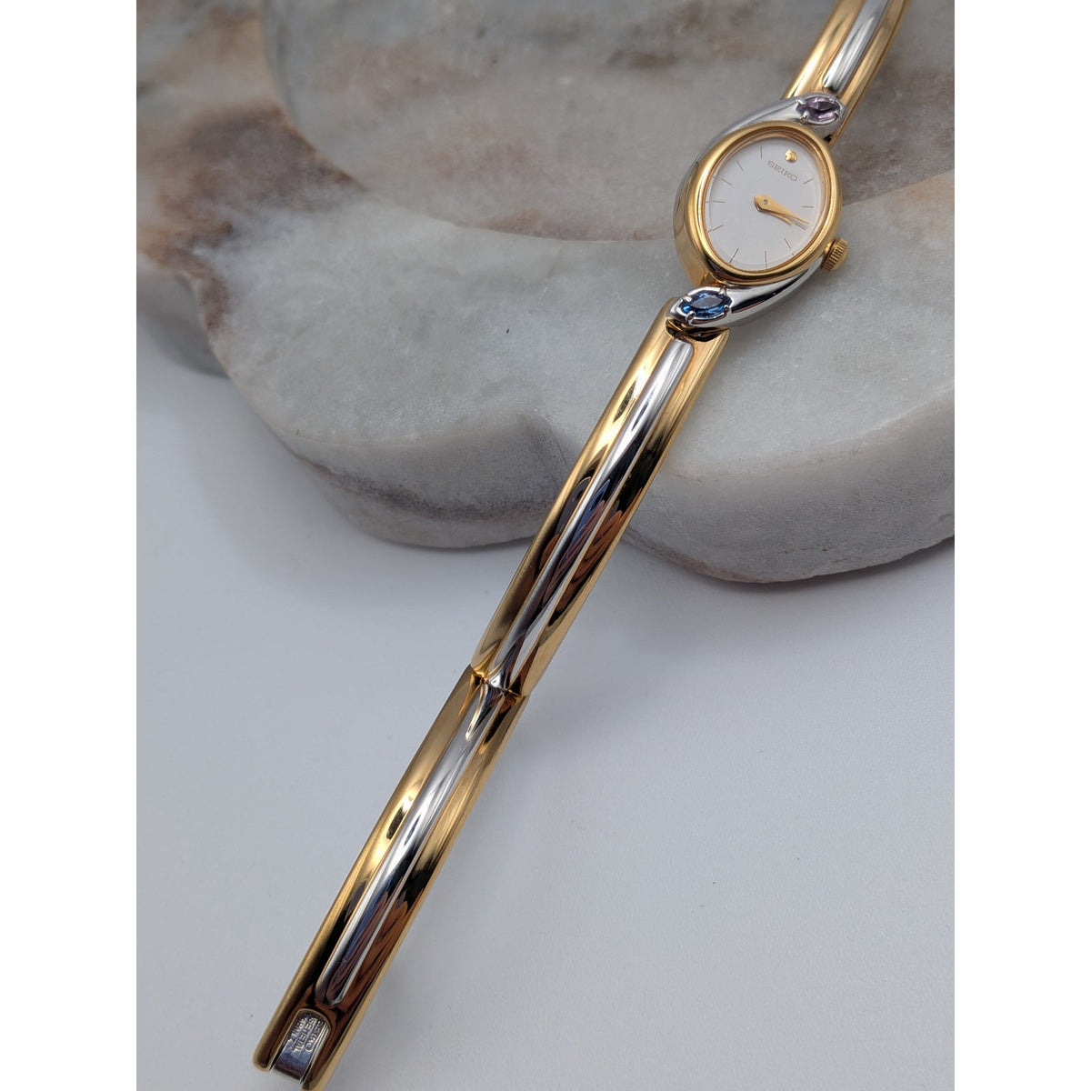Vintage 1990s Seiko Two Tone Bangle Quartz Watch Dainty Dial Pink and Blue Stone