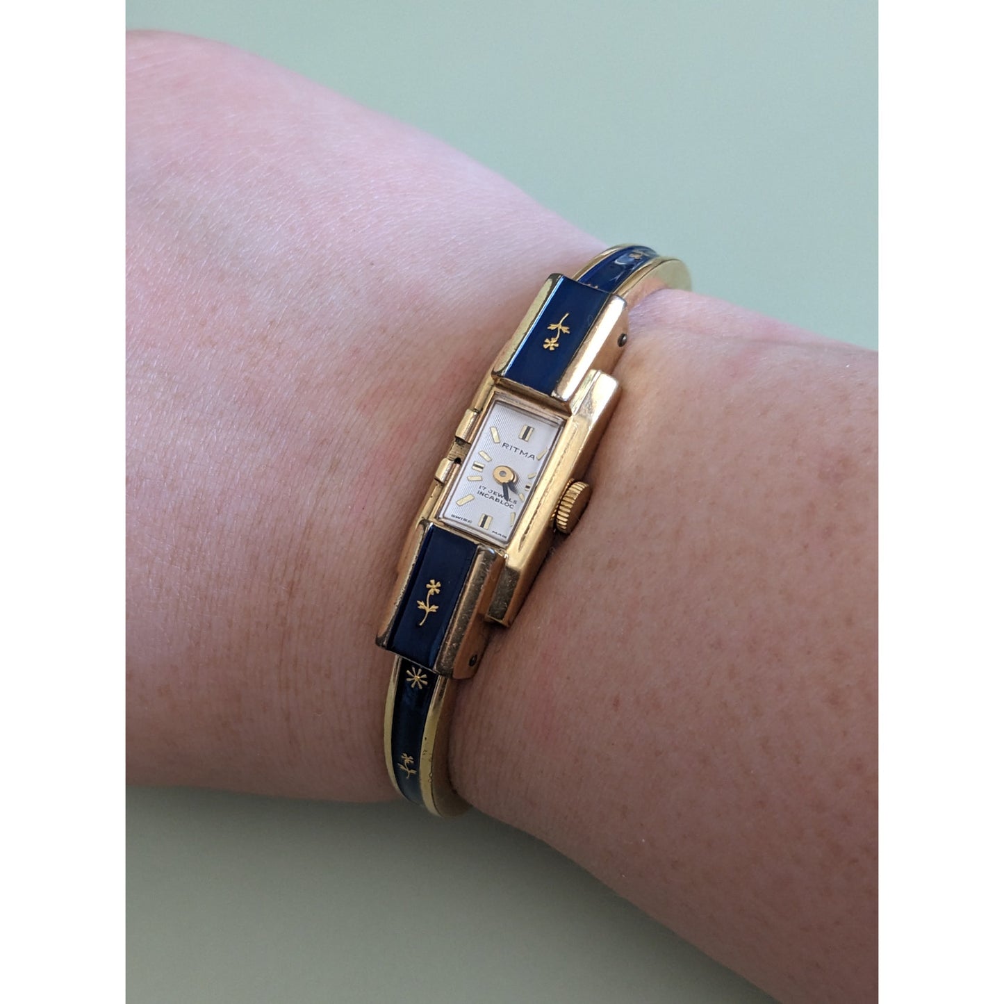 FLAW Vintage Ritma Manual Gold Tone Bangle Watch with Blue Enamel and Flowers