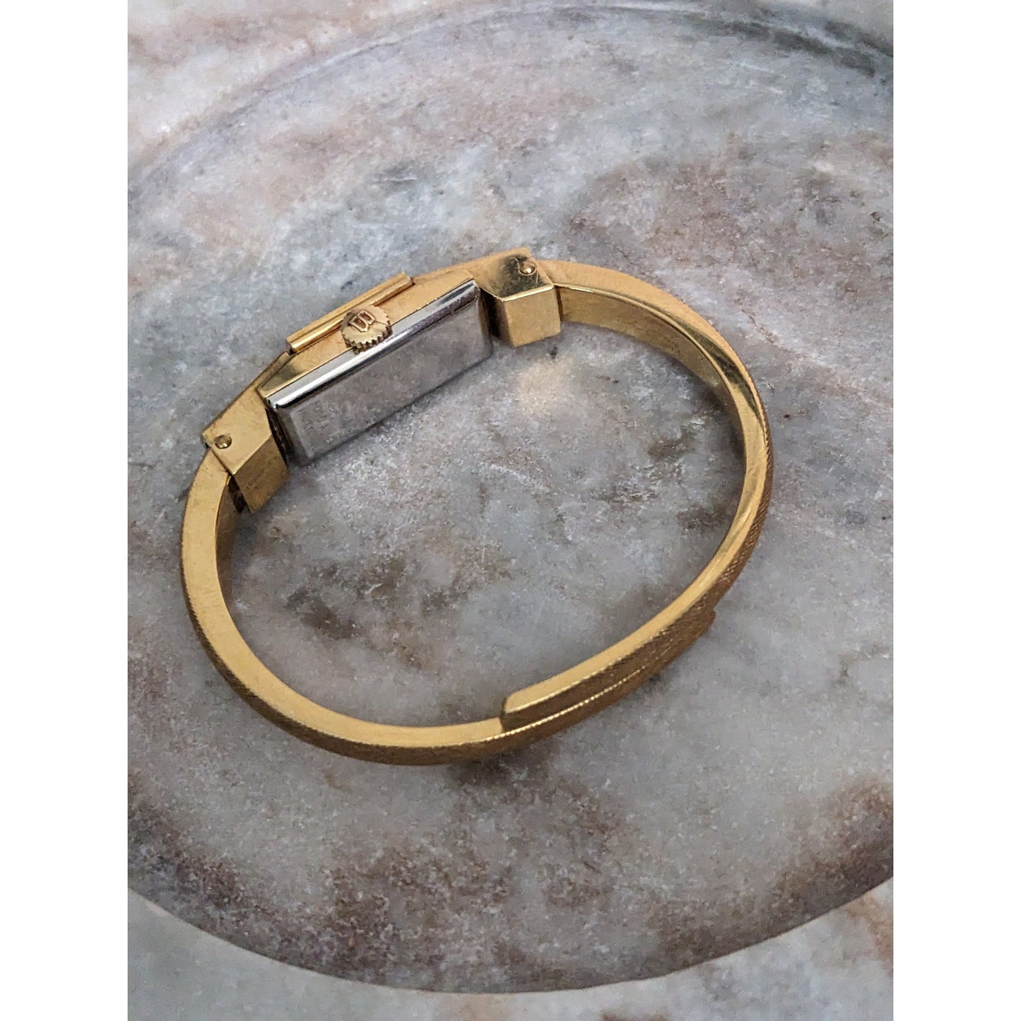 Vintage Andre Mouche Silver Tone Bangle Watch with Blue Floral Enamel Working