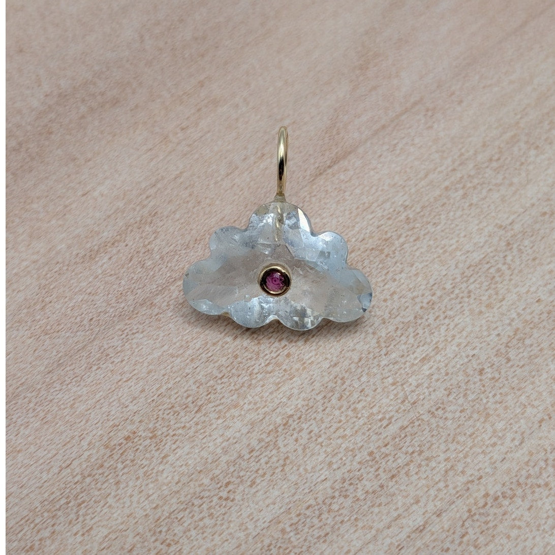 14K Gold Blue Topaz Cloud Pendant Natural Ruby Inlay Carved Gemstone
