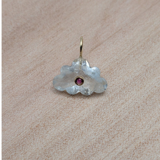 14K Gold Blue Topaz Cloud Pendant Natural Ruby Inlay Carved Gemstone