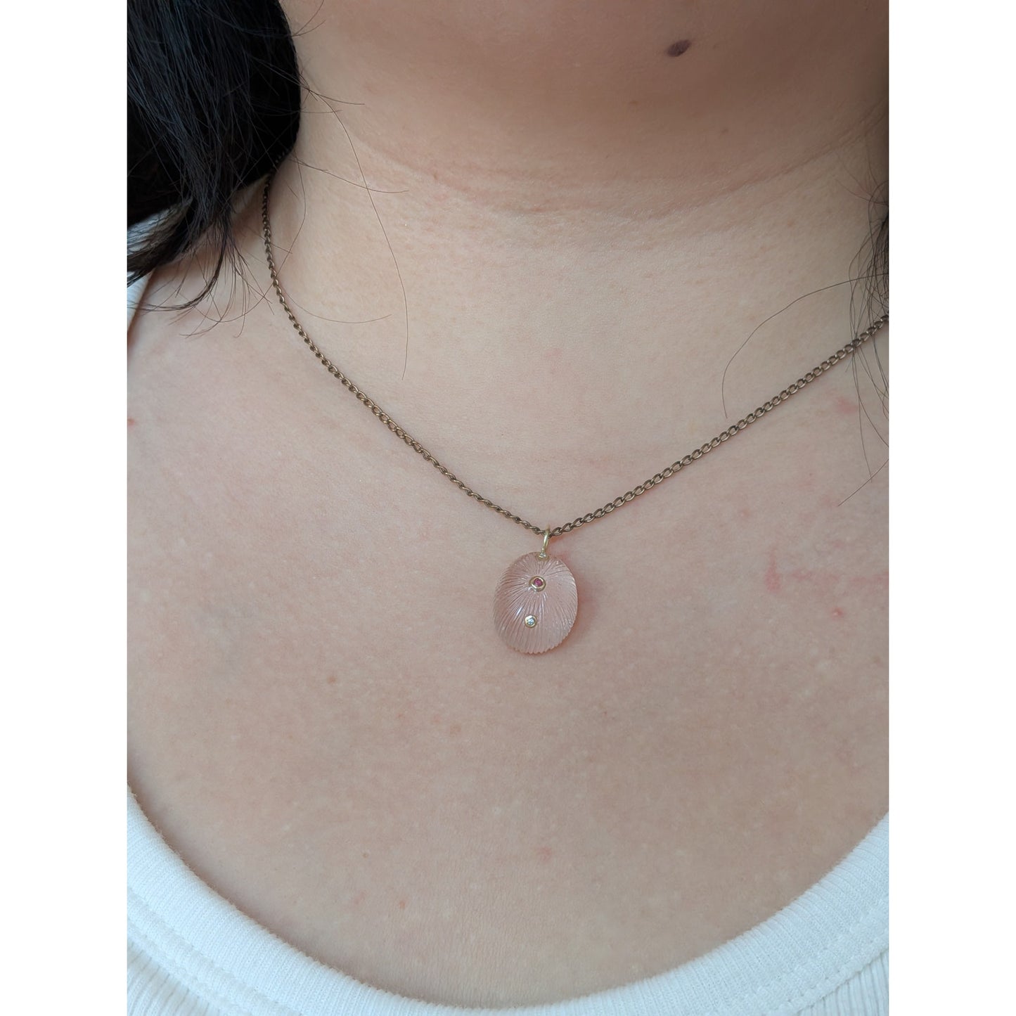 14K Gold Carved Fluted Rose Quartz Pendant w/ Natural Ruby & Diamond Accents