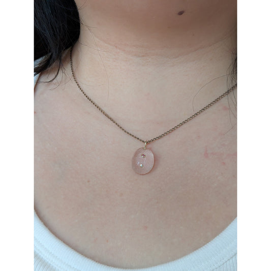 14K Gold Carved Fluted Rose Quartz Pendant w/ Natural Ruby & Diamond Accents