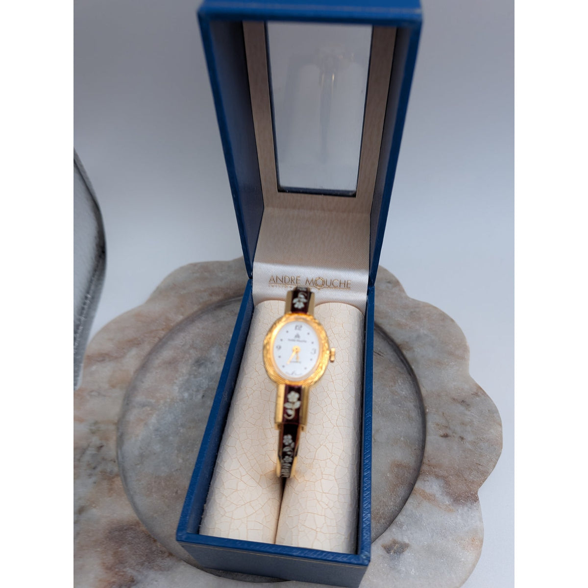 Vintage Andre Mouche Gold Tone Bangle Watch Reddish Brown Enamel White Flowers